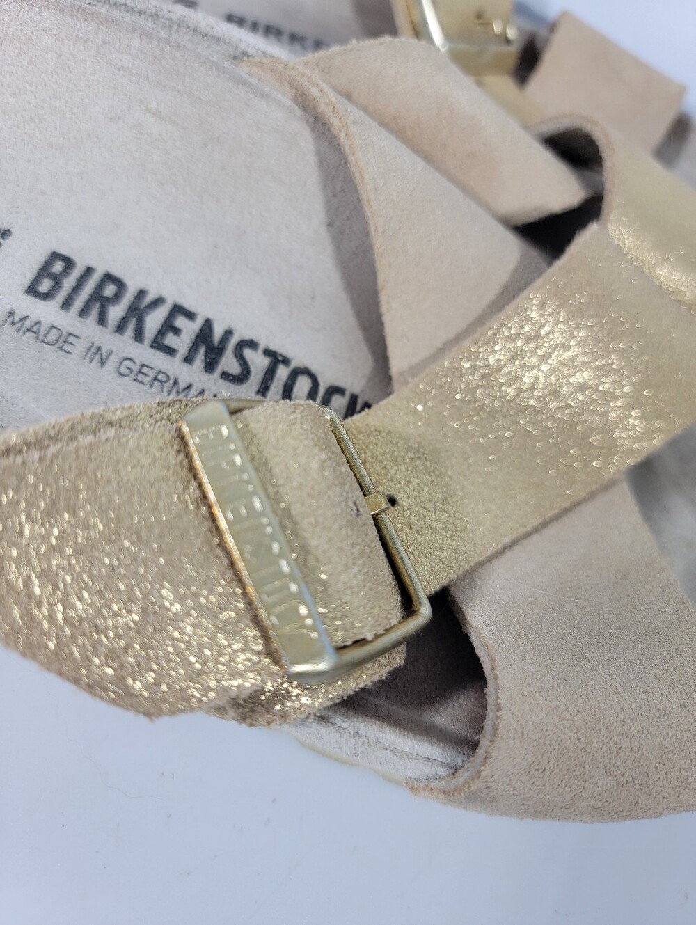 Birkenstock Sandals Womens EU 40 Siena Gold Metallic Suede Buckle Cross Strap - Picture 5 of 10